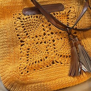 Patricia Nash Mustard Crochet Tote with Brown Leather Accents